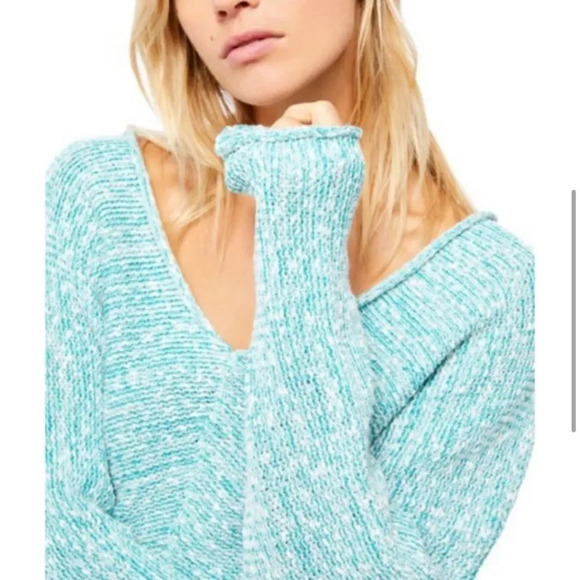 Free People Bright Lights V-Neck Sweater in Adriatic Sea Size Small - Picture 3 of 7